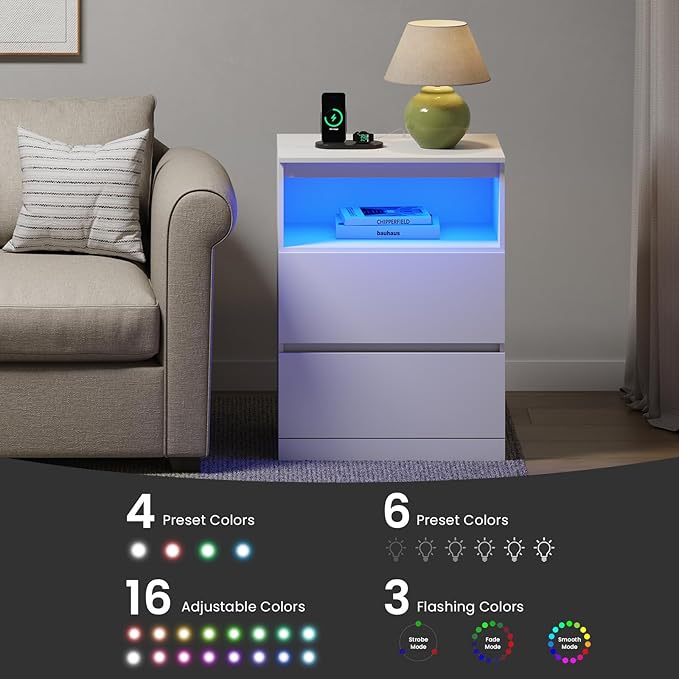 Nightstand Set of 2 with LED Lights, 26" H with Hidden Drawer, Bedside Table with Charging Station, 3 Drawers, Modern Night Stand for Bedroom, White