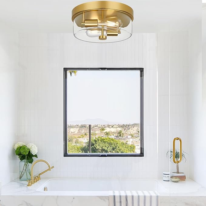 Flush Mount Ceiling Light Fixtures, 2-Light Gold Ceiling Mount for Farmhouse with Clear Glass Lampshade, Industrial Flush Mount Light Fixture Farmhouse for Hallway, Kitchen, Entryway and Foyer