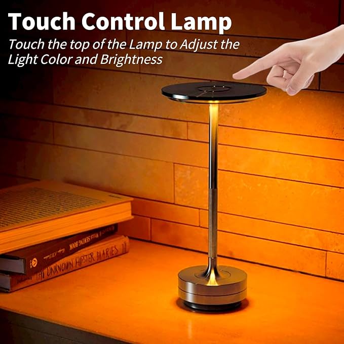 Cordless LED Table Lamp, Rechargeable Touch Control Desk Lamp Battery Operated Nightstand Night Light with Dimmable Brightness for Living Room, Home Office, Restaurant (Silver)