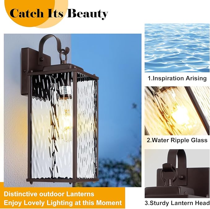 Oil Rubbed Bronze Outdoor Light Fixtures Water Ripple Glass 15” 2 Pack, Vintage Brown Exterior Lights for House IP65 Waterproof Outside Wall Sconce Lighting Coach Lights Patio Wall Lanterns