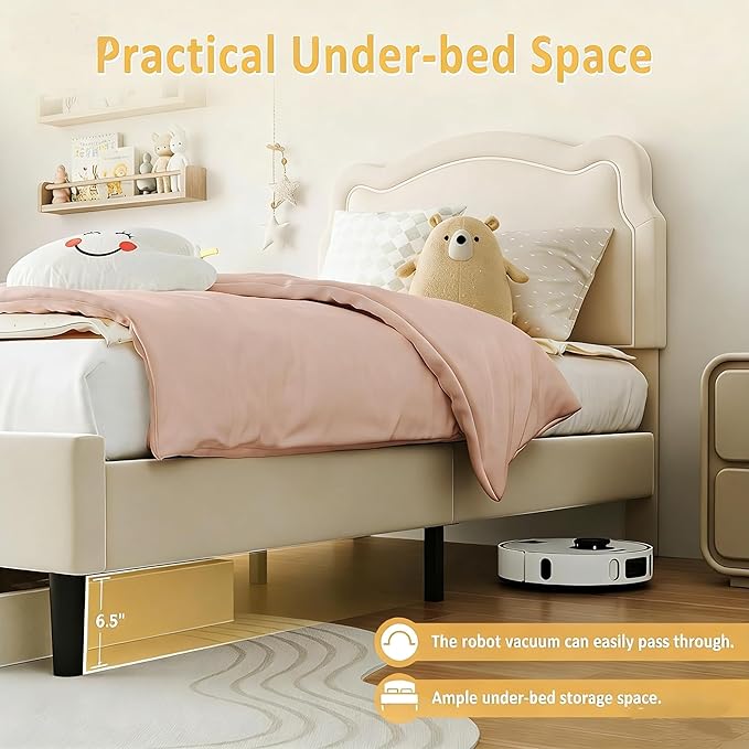 GarveeHome Twin Upholstered Smart LED Bed Frame with Headboard, Velvet Princess Platform Bed Frame for Kids, Wooden Slats Support, No Box Spring Needed (Off-White)