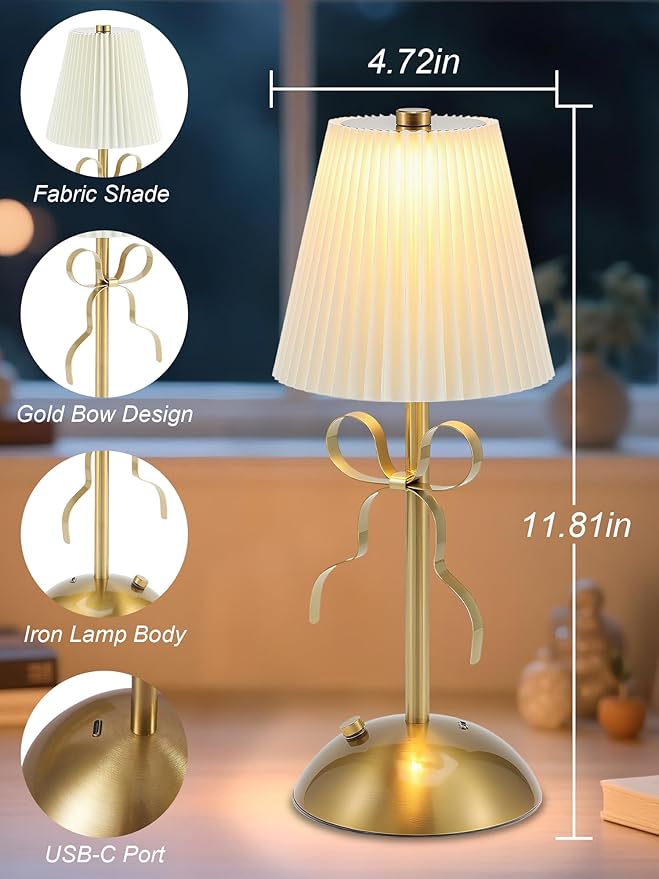 Cordless Table Lamp,Small Desk Lamp with 3 Color,Touch Dimmable Bedsdie Lamps,Bow Lamp with Fabric Shade,LED Night Light for Girls Room Princess Room Decor(Gold)