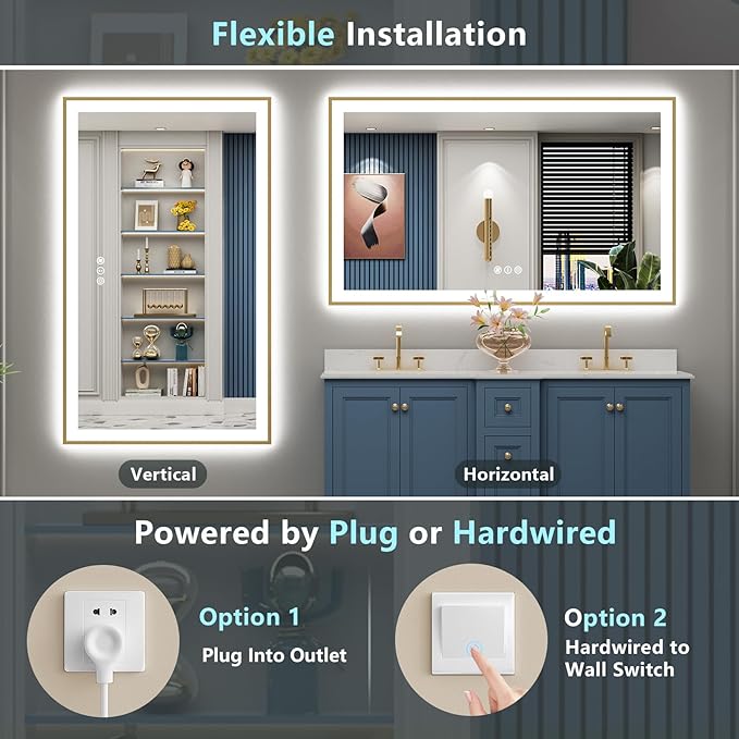66x36 Gold LED Bathroom Mirror with Lights, Brushed Gold Framed Backlit and Front Lit Anti-Fog Lighted Vanity Mirrors for Bathroom Wall, Dimmable, 3 Colors, Memory, HD Tempered Glass, CRI＞90