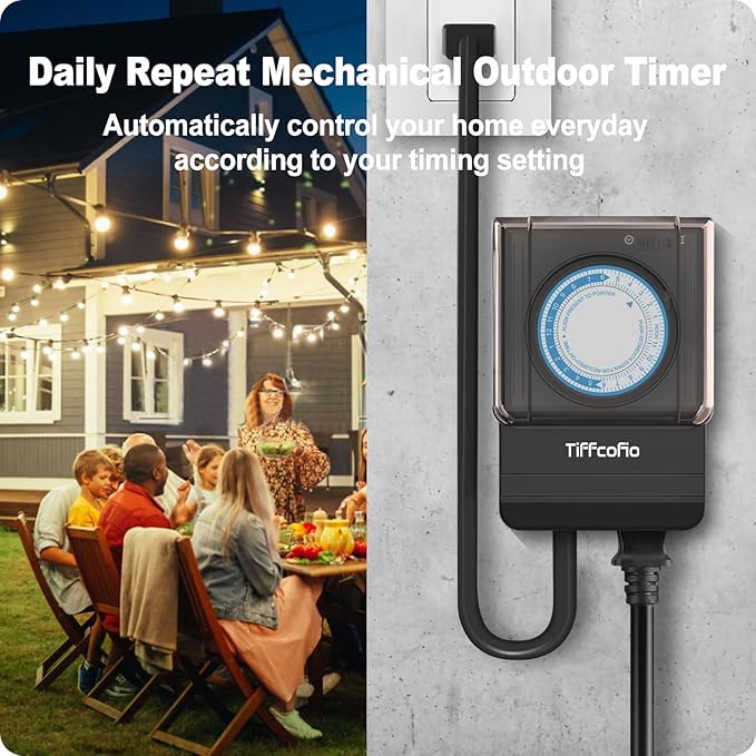 TiFFCOFiO Outdoor Timer Outlet Waterproof, 24 Hour Mechanical Light Timer Outdoor, 2 Grounded Outlets for Home and Garden, 15A 1/2HP, Heavy Duty, ETL Listed (15 Min Interval)