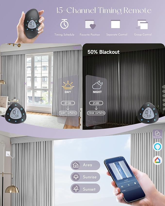 Graywind Hardwired Smart Curtains Motorized Curtains with Remote Alexa Google Control for Sliding Door Room Darkening Drapes One-Way or Split Draw, Custom Width to 220" (Silver Grey)