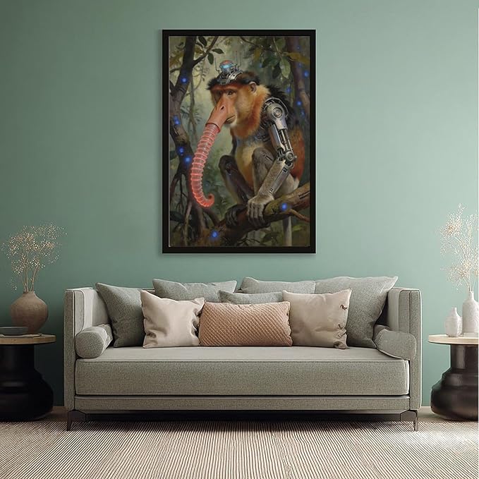 Framed Steampunk Mechanical Proboscis Monkey Wall Art - Jungle Neon Retro Poster for Apartment Leisure Area Decor 12x18in