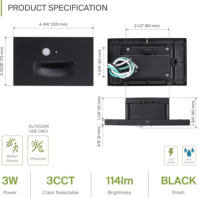 ASD LED Recessed Step Light Fixture, Dusk to Dawn Outdoor Tread Lighting | 3CCT, Motion Sensor, Photocell, Waterproof, ETL Listed | 3W 120LM 3000K-5000K 120V | Staircase Illumination | Black, 12 Pack
