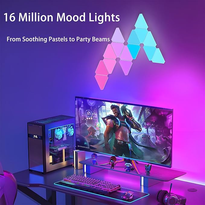 LED Triangle Wall Lights 12-Pack, WiFi App/Voice Control with Music Sync, 16M Colors RGB Gaming Room Decor for Bedroom, Party, Streaming Background