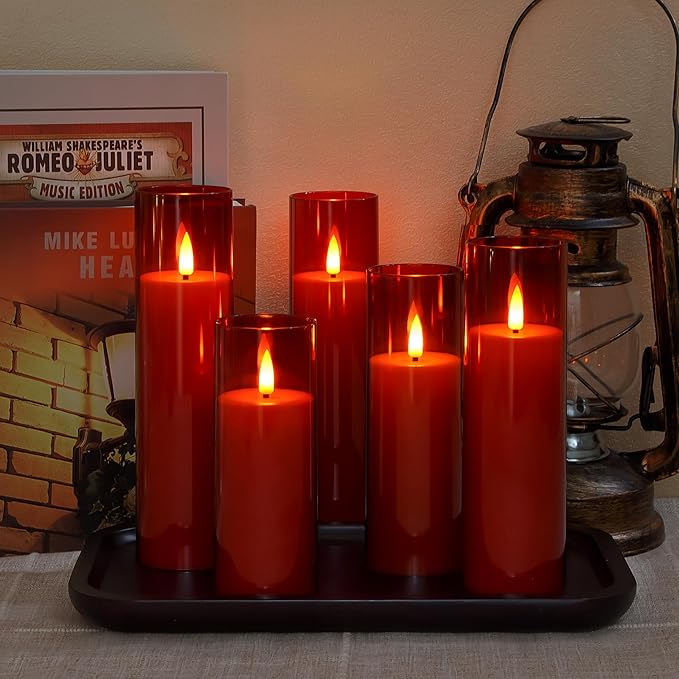 Acrylic Flameless Flickering Candles with Remote Control and Timer, Battery Operated LED Fake 2.2" x 5",6",7",8",8" Plastic Pillar Candles for Home Decor(Long-Lasting, Red)