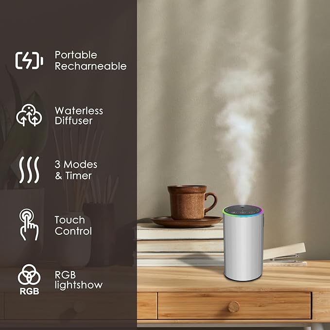Waterless Essential Oil Diffuser, 7 Colors LED Light, Battery Powered Mini Scent Air Machine, Aromatherapy Mist Diffuser for Home Room Car Office，Black Aluminum Alloy (Silver)