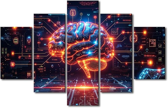 5 Panel Artificial Intelligence Brain Data Analysis Paintings Wall Art Futuristic Technology Posters and Prints Frame Neural Network Pictures for House Wall Decor AI Art Wall for House 60"Wx40"H