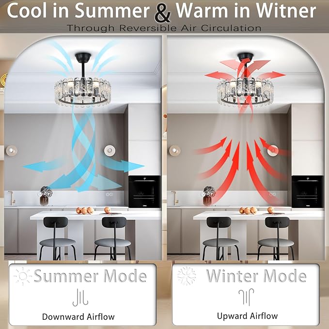 Finktonglan 20 Inch Black Caged Ceiling Fan with Light, Modern Chandelier Ceiling Fan with Lights Remote Control, Adjustable Crystal Fandelier 6 Speeds for Dining Room, Living Room