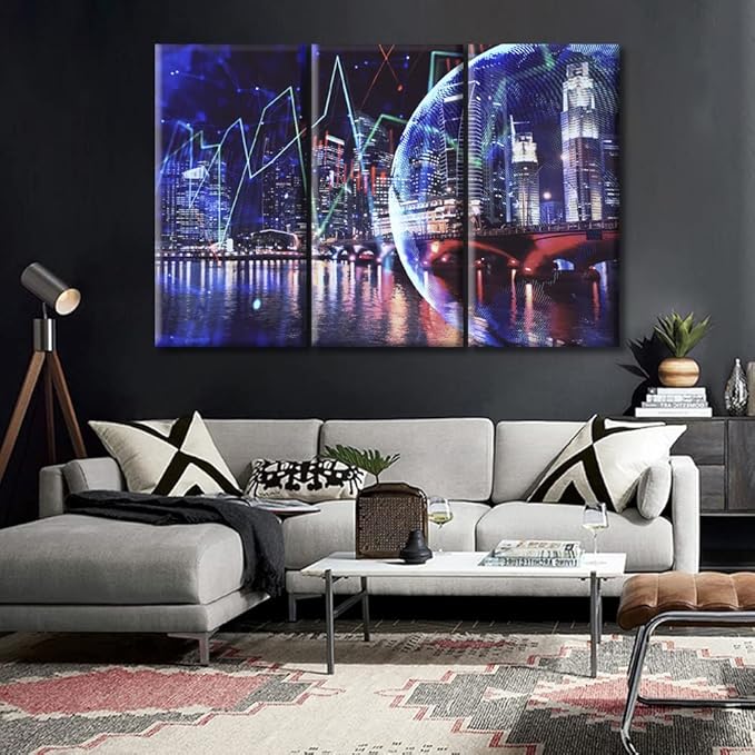 3 Panel Modern Frame Canvas Business and Financial Concept Black and White Wall Art Financial Chart on City Scape with Tall Buildings Background Wall Decor for Living Room Ready to Hang (60"Wx40"H)