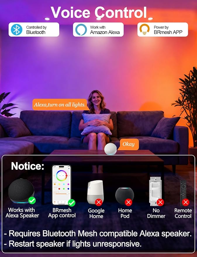 ILC 6 inch led recessed Light, Work with Alexa (Hub Required), App Controlled, RGB Color Changing, 16 Million Colors, CCT: 2700K-6000K, 14W, 120W Equivatlent, 1400LM, CRI 90, Bluetooth Mesh, 6 Packs