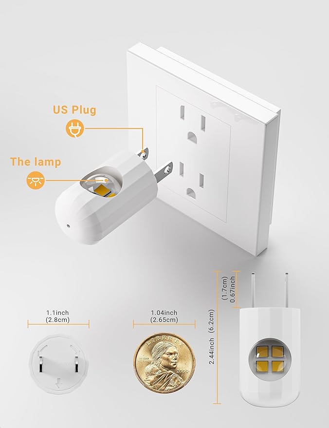 6 Pack Mini LED Night Light Plug in Wall - Dusk to Dawn Auto On/Off, 5000K Daylight (200 Lumen/20W Equivalent), 360° Adjustable Lighting for Bedroom, Bathroom, Stairs, Kids Room, Hallway