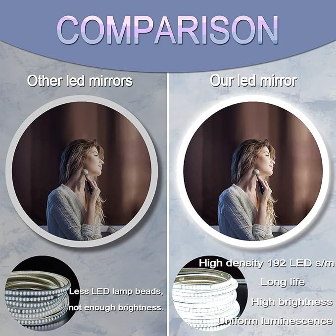 40 Inch Round Backlit Mirror with Lights 3 Color Smart Memory Adjustable Backlits 40" Large Framelss Round Circle Lighted Vanity Mirror for Bathroom Wall Mount 40 Backlit LED Circle Mirrors
