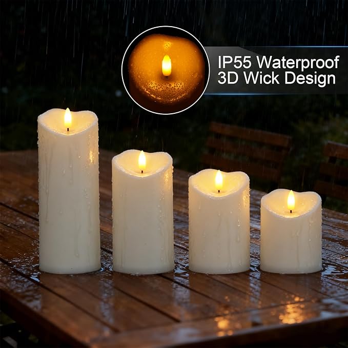 Raycare 3"x4"5" 6" 8" 8" Outdoor Waterproof Flameless Candles, Battery Operated LED Candles with Remote Control and Timer, Electric Fake Plastic Pillar Candles, Ivory White, Set of 5