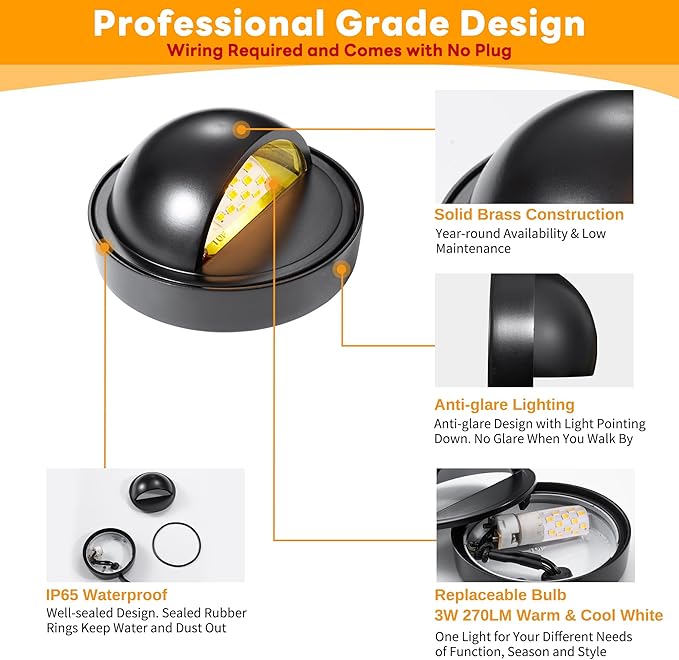 Gardenreet Low Voltage LED Deck Lights - Solid Brass Landscape Step Lights, Outdoor 12V Hardwired Waterproof Black for Stair Patio Wall Yard with 3W Adjustable Warm & Neutral White G4 Bulb 4 Pack