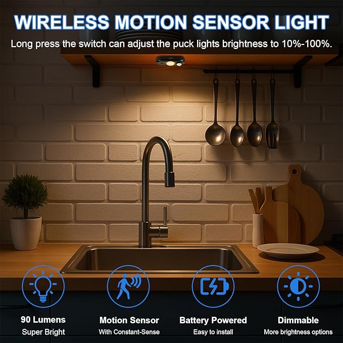 LED Motion Sensor Light Indoor, Magnetic Under Cabinet Lighting Warm White, Black Dimmable Rechargeable Puck Lights for Closet, Kitchen, Stairs(4 Pack)