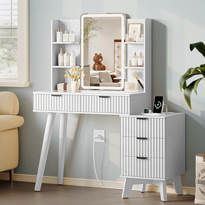 Vanity Desk With HD Lighted Mirror and Lights, Fluted Small Makeup Vanity with Storage Drawers & Shelves, Modern Dressing Table Set with Power Outlet & Glass Table Top for Women Girls Bedroom, White