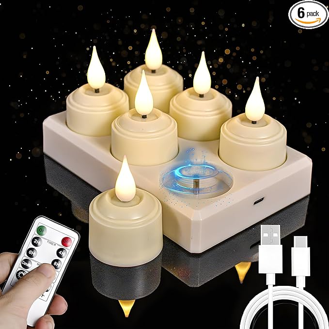 NICEME Rechargeable Flameless Tea Lights with Charging Station, 6pcs LED Tea Lights Candles Battery Operated Tealight Electric Flickering Votive Candles for Wedding Table Centerpiece Holiday Decor