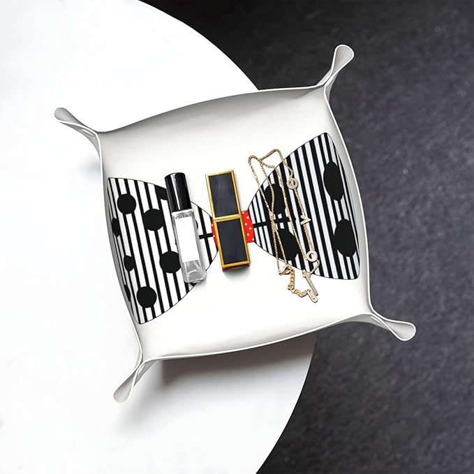 Minimal Bow Ties Black Spots Abstract Valet Tray Leather Portable Tray Desktop Storage Organizer Bedside for Men Women Jewelry Keys Coin Candy Sundries