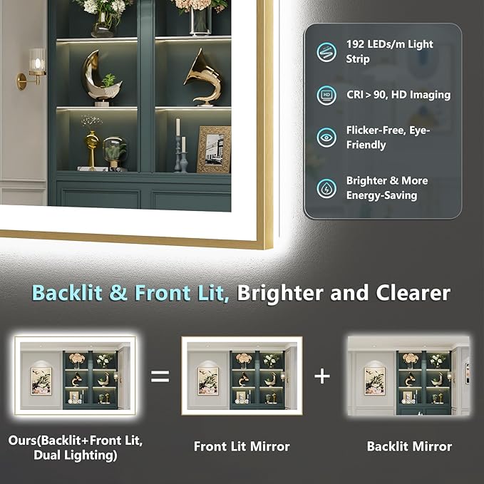 55x40 Gold LED Bathroom Mirror with Lights, Brushed Gold Framed Backlit and Front Lit Anti-Fog Lighted Vanity Mirrors for Bathroom Wall, Dimmable, 3 Colors, Memory, HD Tempered Glass, CRI＞90