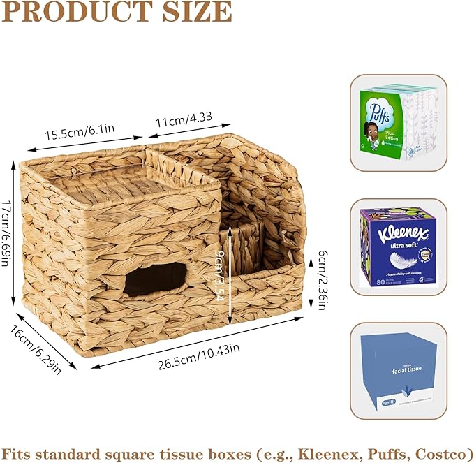 BIBELUN Tissue Box Cover Square with Storage Tray, Multifunction Water Hyacinth Tissue Cube Box Holder, Farmhouse Wicker Remote Control Nightstand Organizer Caddy for Bathroom, Home, Office Decor