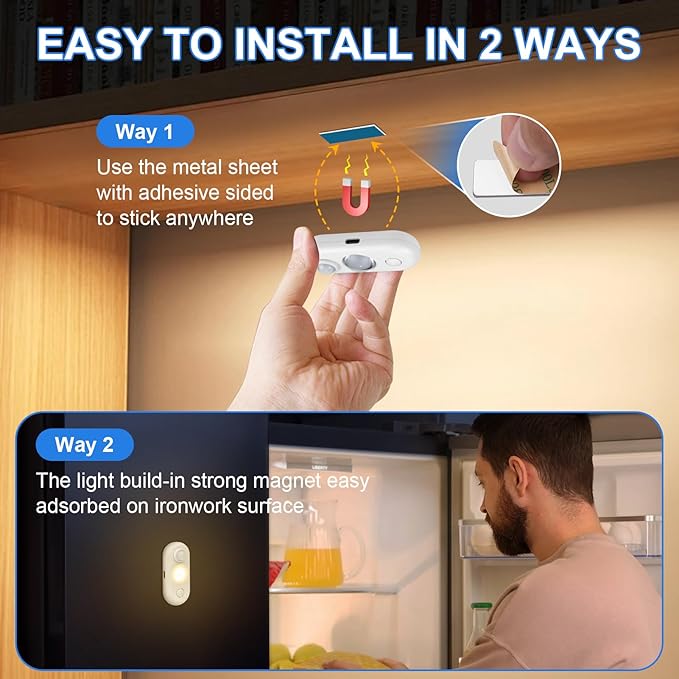 LED Motion Sensor Light Indoor, Magnetic Under Cabinet Lighting Warm White, Dimmable Rechargeable Puck Lights for Closet, Kitchen, Stairs(4 Pack)