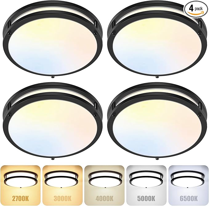 GoBright 4-Pack 36W LED Flush Mount Lights, 3200LM Black Ceiling Fixtures, 5 Color in One (2700K/3000K/4000K/5000K/6500K), 12'' Modern Round Ceiling Lamp for Kitchen, Hallway, Stairwell, Offices