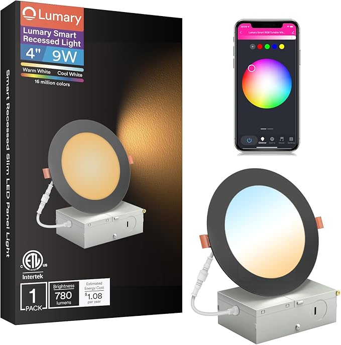 Lumary Black Smart WiFi Recessed Lights 4 Inch, Ultra-Thin LED Recessed Lights with J-Box, 9W 780LM Dimmable Canless Wafer Downlight, Works with Alexa/Google Assistant/BT Remote, ETL Listed, 1 Pack