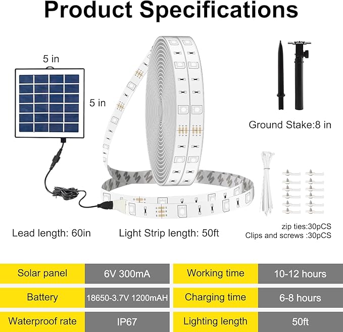 50ft RGB Outdoor Led Strip Lights Waterproof, Solar Led Strip Lights Outdoor with Self-Adhesive, Auto On/Off 16 Colors and 4 Modes with Remote Timer Great for Patio, Pathway Decor