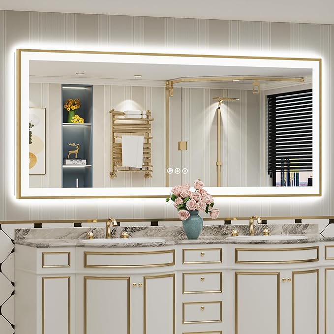 77x36 Gold LED Bathroom Mirror with Lights, Brushed Gold Framed Backlit and Front Lit Anti-Fog Lighted Vanity Mirrors for Bathroom Wall, Dimmable, 3 Colors, Memory, HD Tempered Glass, CRI＞90