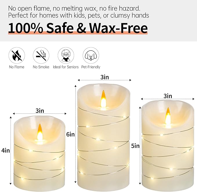 Ivory White Rechargeable Flameless LED Candles 3Pcs (4/5/6") Real Wax with String Lights, Remote & Timer, Safe Realistic 3D Flame for Spring Decor, Easter, Home & Bedroom