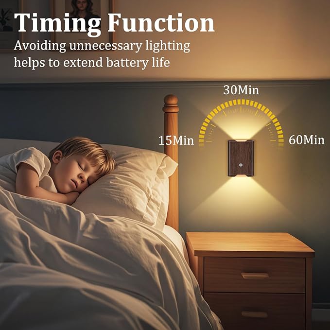 4 Pack Battery Powered Motion Sensor Wall Sconces: 5000mAh Rechargeable LED Wall Light with Remote, Magnetic Motion Sensored Stair Light Indoor Wireless Sconce for Hallway Bedroom Bedside, Walnut