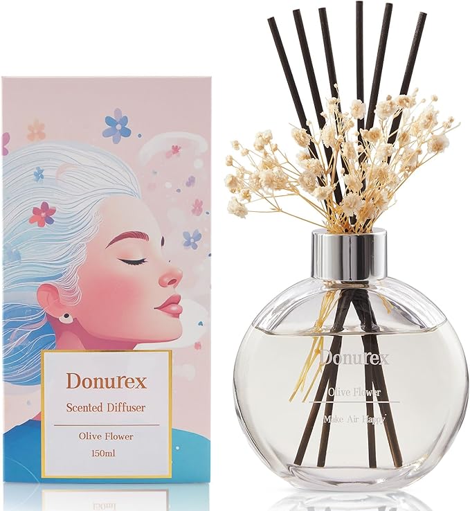Flower Reed Diffuser Set 5.07oz Olive Flower Scent Diffuser with Sticks Home Fragrance Reed Diffuser for Bathroom Shelf Decor