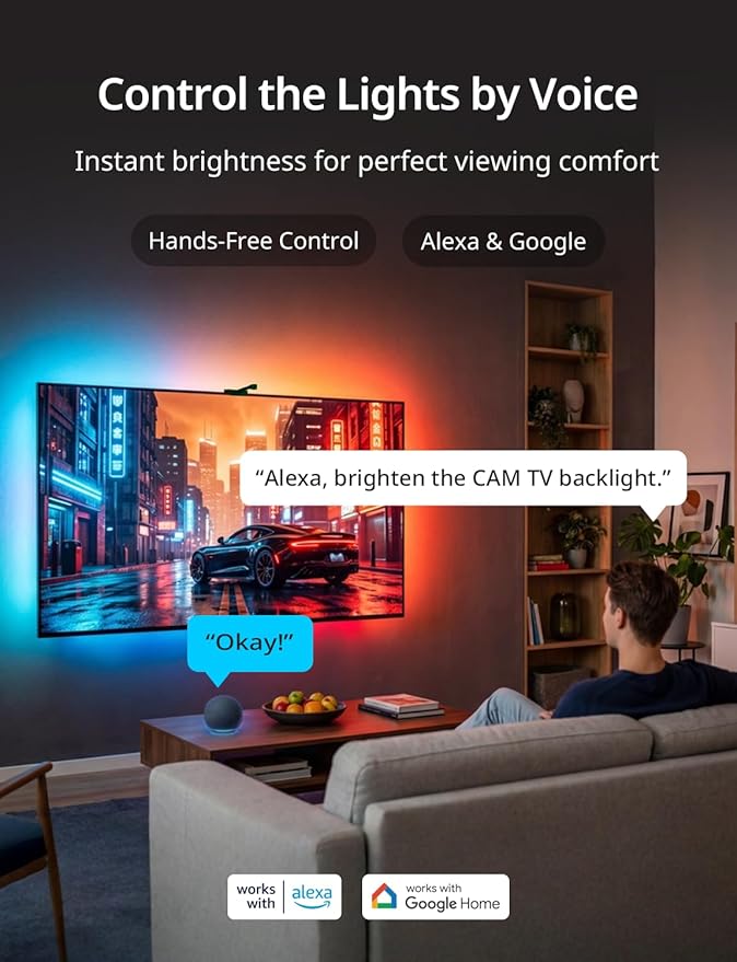 Ailofy TV Backlight with Camera, Color Changing 12.5ft LED Strip Lights Behind the Monitor, Full-Screen Sync to 55-65 inch TVs for Movie, Game&Music, Work with Alexa&Google Assistant, App Control