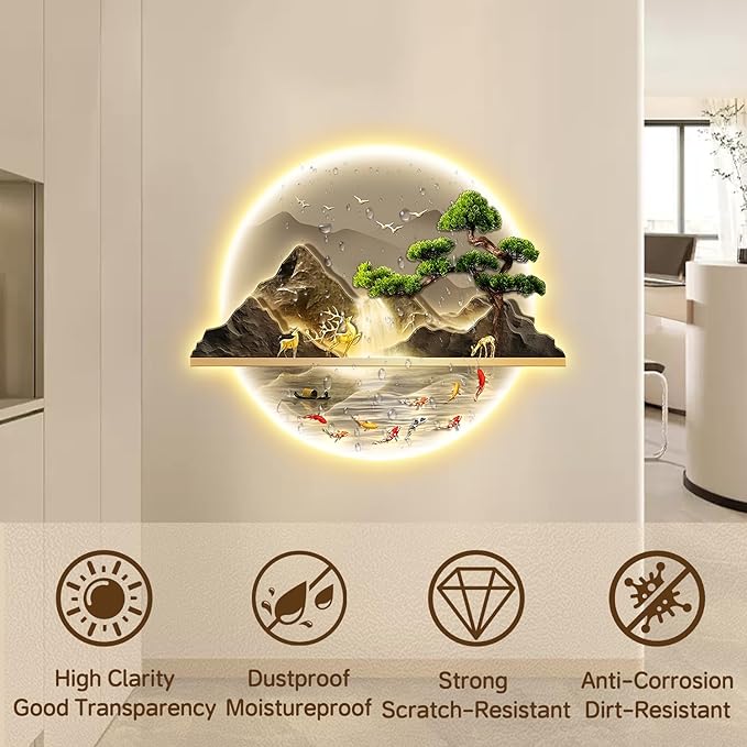 Zen LED Wall Art, Fish Wall Painting Decor with Led Light, Welcoming Pine Wall Decor Art, 3D Landscape Wall Sculpture Decoration, for Living Room Bedroom Office Entrance (B, 60×72cm)