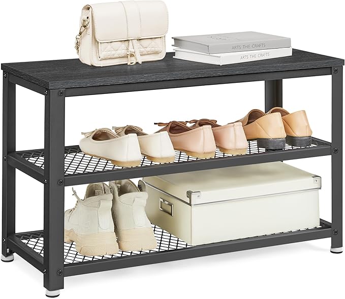 VASAGLE 3-Tier Shoe Rack, Shelf Storage Bench with Metal Mesh Shelves and Seat, Free Standing Shoe Organizer for Entryway, 11.8 x 28.7 x 17.7 Inches, Ebony Black and Black ULBS073B06