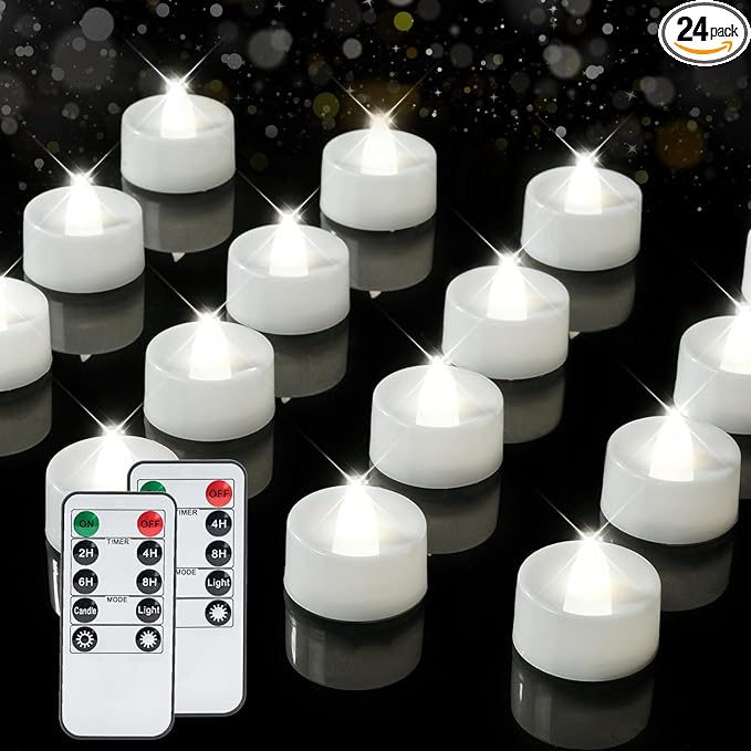 BEICHI Remote Candles, 24 Pack Timer Candle, Flameless Tea Lights Candle Battery Operated, Flickering LED Tea Lights, Timer Battery Votive Candles- Pure White- White Base