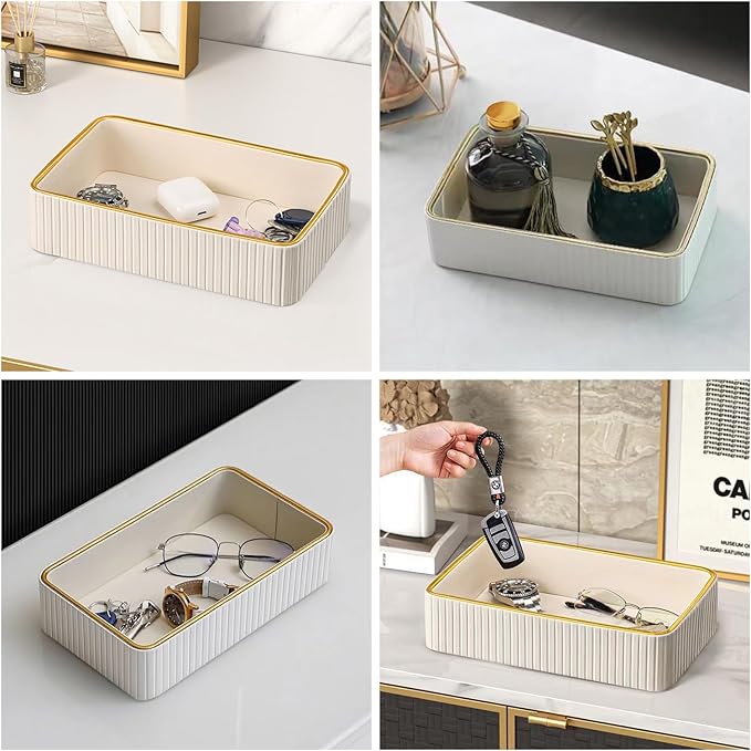 Rectangular Leather Nightstand Organizer & Bedside Table Organizer - Women's Purse Bowl, 9.5x2.2x6 Inches Ivory White, Perfect for Storing Jewelry, Perfume & Keys on Desk