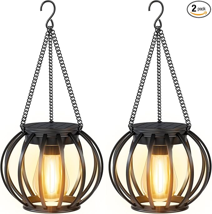 Solar Lanterns Outdoor Waterproof 2-Pack: Thicken Metal Hanging Solar Lights for Outside - 12H Long Lasting Bright Warm White Lighting Auto On/Off - Garden Patio Yard Porch Tree Table Vintage Decor