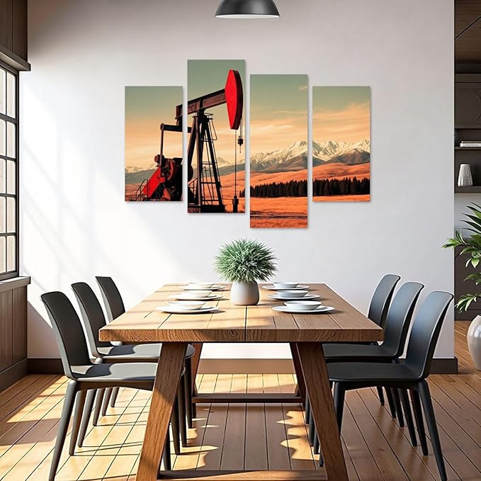 Canvas Wall Art Prints Pictures Oil Gas Pump Mountains Framed Posters Modern Wall Painting Artwork Gift Home Decor for Living Room Ready to Hang 4 Panel