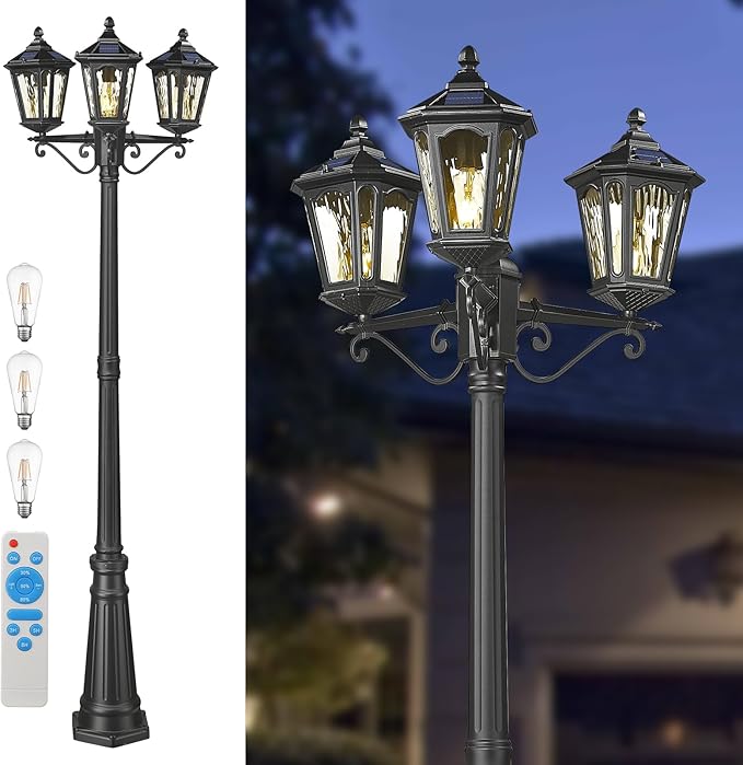 Lamp Post Lights 3-Head Outdoor Solar Post Lamp with High Posts, Dusk to Dawn Remote Control Waterproof Exterior Pillar Latern Hardwired Street Light for Patio Garden Walkway