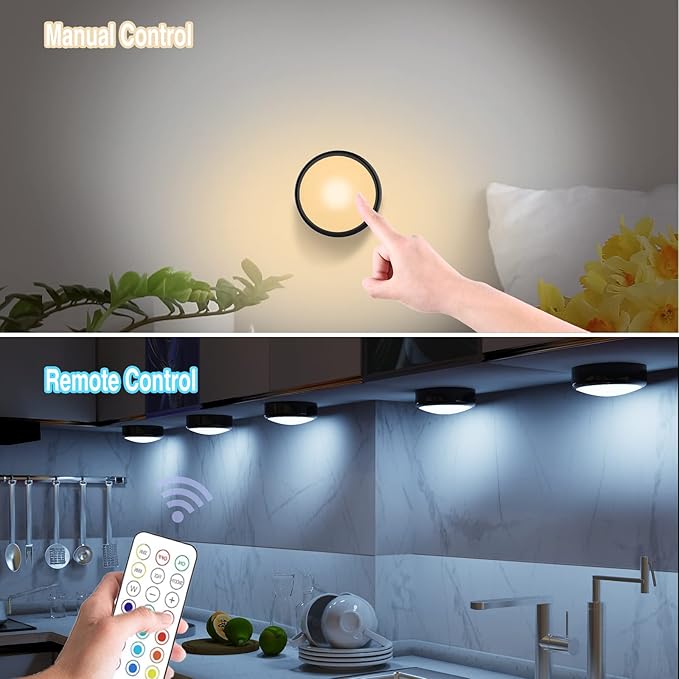 ILYXY LED Puck Lights with Remote, 3 Pack Under Cabinet Lighting, Battery Operated Push Light, Dimmable & Color Changing Tap Lights, Stick-On, Shiny Black