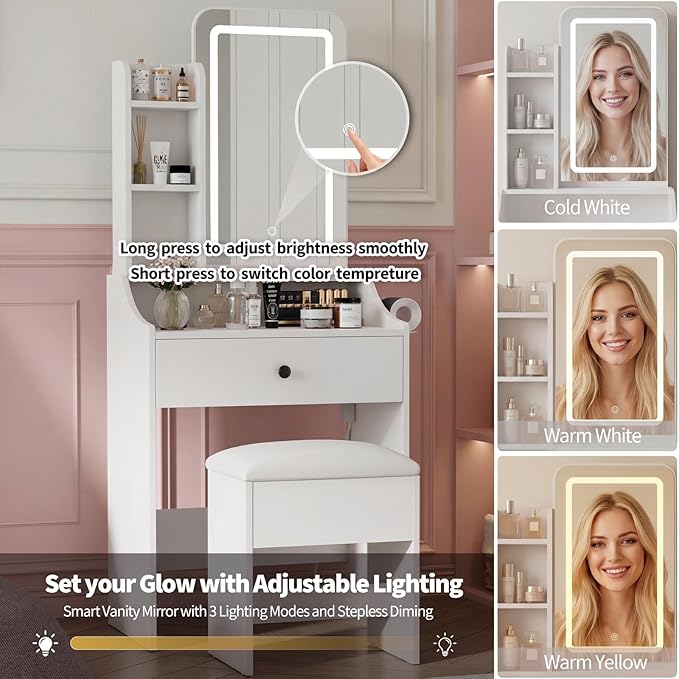 DUMOS Makeup Vanity Desk, Vanity Table Set with Mirror and Lights, Small Vanity with Storage Bench, Charging Station and Hair Dryer Holder, Dressing Table with Drawer and Three Shelves, White