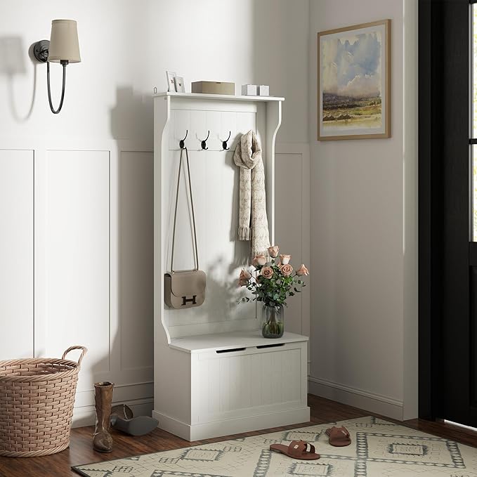HOMCOM Hall Tree with Bench and Shoe Storage, 3-In-1 Entryway Bench with Coat Rack, 4 Hooks and Flip Top Storage Compartment, Cream White