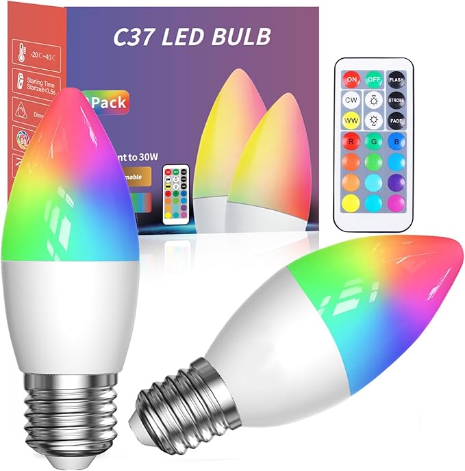 Luxvista B10 RGB LED Light Bulb - E26 Color Changing LED Bulb - 3W RGB+Daylight+Warm White, B10 Chandelier Colored Candle Bulb for Home Decoration Party (2-Pack)