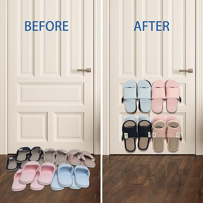 Lavezee Wall Mounted Shoe Rack Organizer 8 Pairs Sandals Slippers, Set of 2 Black Metal Shoe Storage Holder for Wall, Entryway, Bathroom