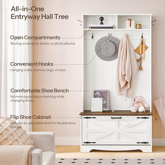 HOOBRO Hall Tree with Bench, Entryway Bench with Coat Rack and Shoe Cabinet, Flip Drawers, Farmhouse Hall Tree with Shoe Organizer, Mud Room, White and Walnut WH85MT01